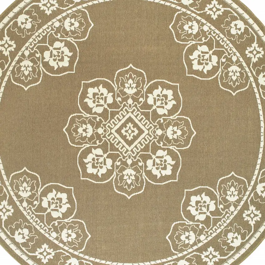 8' Round Tan Round Oriental Stain Resistant Indoor Outdoor Area Rug Photo 3
