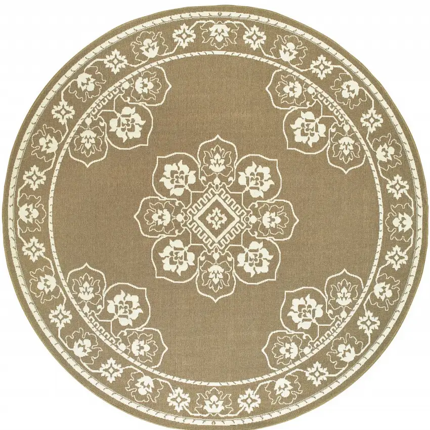8' Round Tan Round Oriental Stain Resistant Indoor Outdoor Area Rug Photo 4