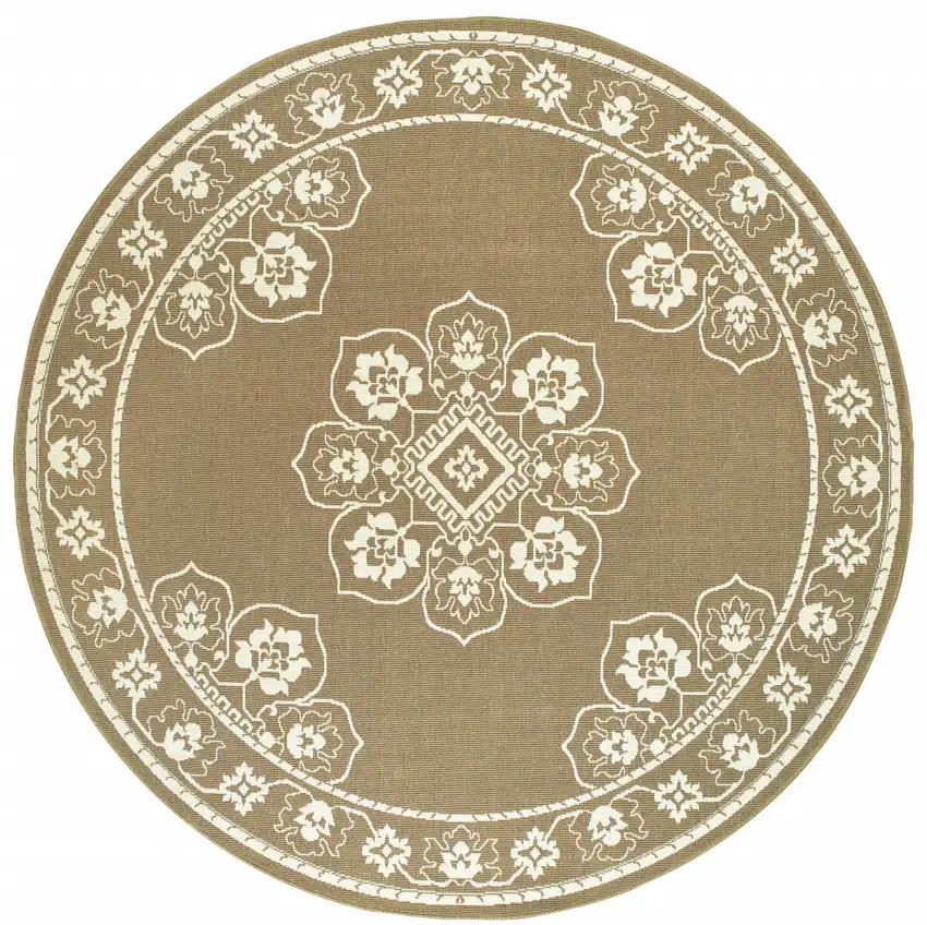8' Round Tan Round Oriental Stain Resistant Indoor Outdoor Area Rug Photo 1