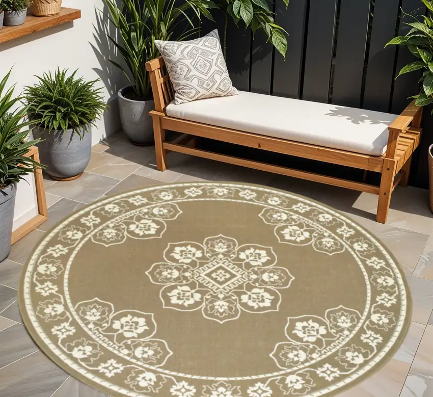 Tan Round Oriental Stain Resistant Indoor Outdoor Area Rug Photo 1