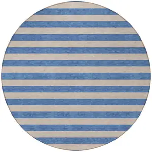 Photo of 8' Round Tan Round Striped Washable Non Skid Indoor Outdoor Area Rug