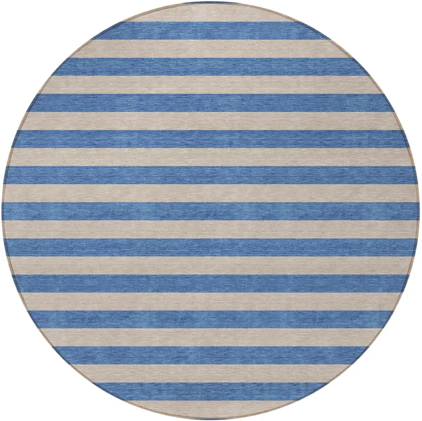 8' Round Tan Round Striped Washable Non Skid Indoor Outdoor Area Rug Photo 4