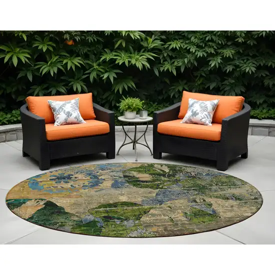Taupe Blue and Green Round Floral Washable Non Skid Indoor Outdoor Area Rug Photo 1
