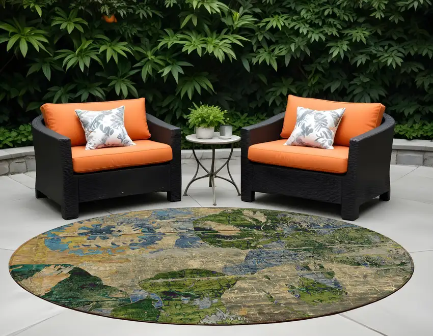 Taupe Blue and Green Round Floral Washable Non Skid Indoor Outdoor Area Rug Photo 1
