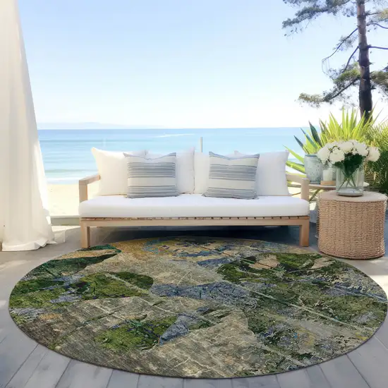8' Round Taupe Blue and Green Round Floral Washable Non Skid Indoor Outdoor Area Rug Photo 9