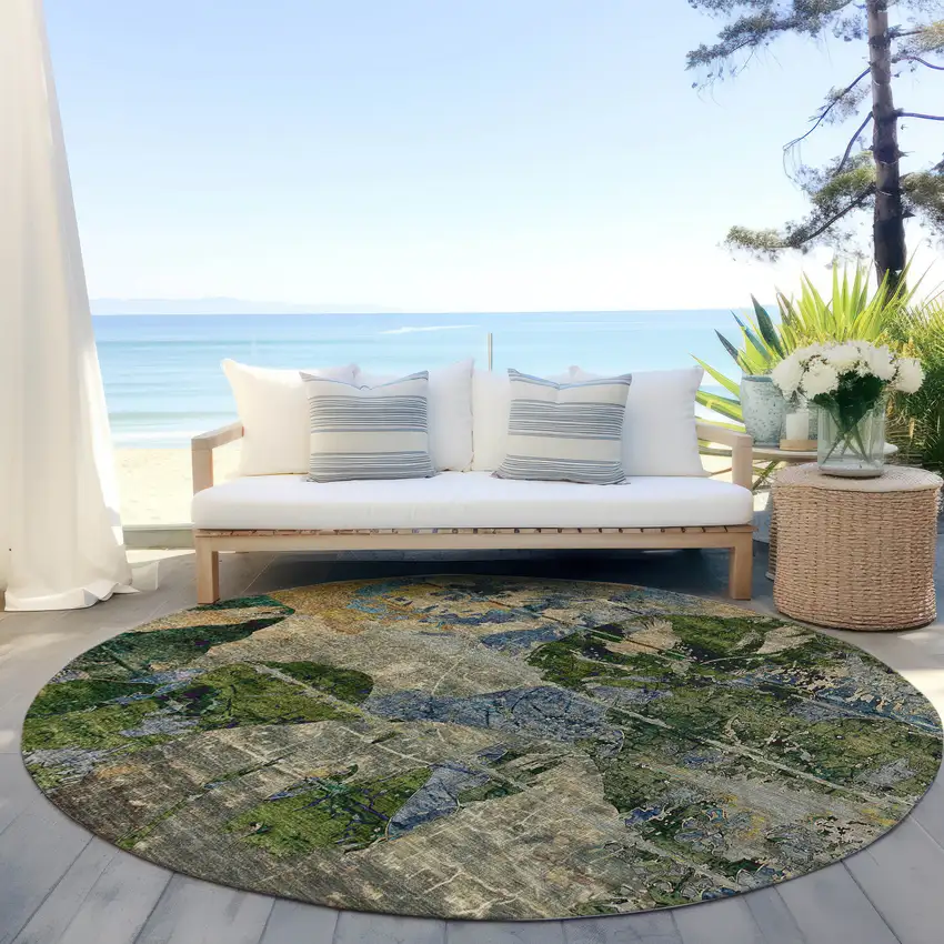 8' Round Taupe Blue and Green Round Floral Washable Non Skid Indoor Outdoor Area Rug Photo 9