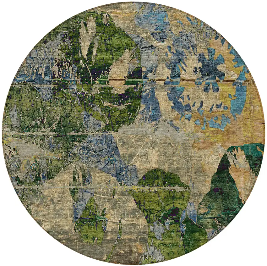 Taupe Blue and Green Round Floral Washable Non Skid Indoor Outdoor Area Rug Photo 5