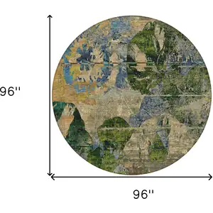 Photo of 8' Round Taupe Blue and Green Round Floral Washable Non Skid Indoor Outdoor Area Rug