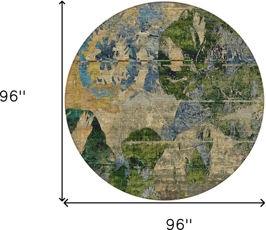 8' Round Taupe Blue and Green Round Floral Washable Non Skid Indoor Outdoor Area Rug Photo 3
