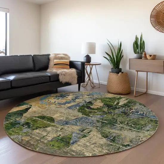 Taupe Blue and Green Round Floral Washable Non Skid Indoor Outdoor Area Rug Photo 9