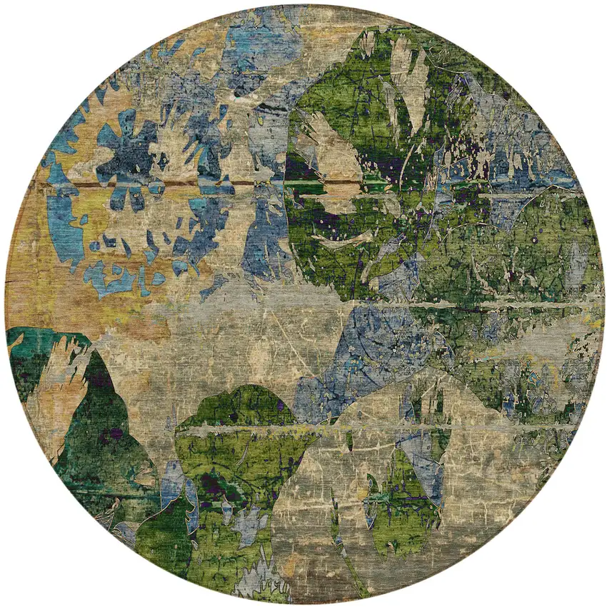 Taupe Blue and Green Round Floral Washable Non Skid Indoor Outdoor Area Rug Photo 2