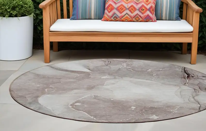 Taupe Round Abstract Washable Non Skid Indoor Outdoor Area Rug Photo 1