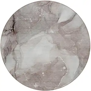 Photo of 8' Round Taupe Round Abstract Washable Non Skid Indoor Outdoor Area Rug