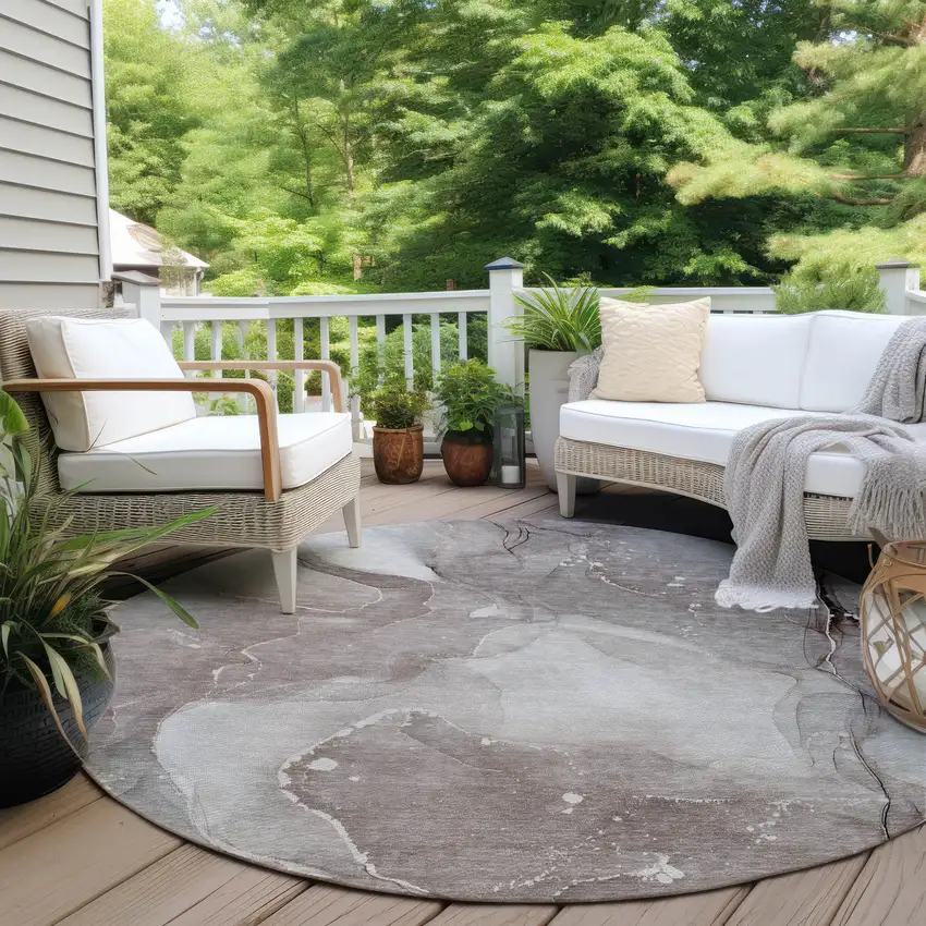 Taupe Round Abstract Washable Non Skid Indoor Outdoor Area Rug Photo 8