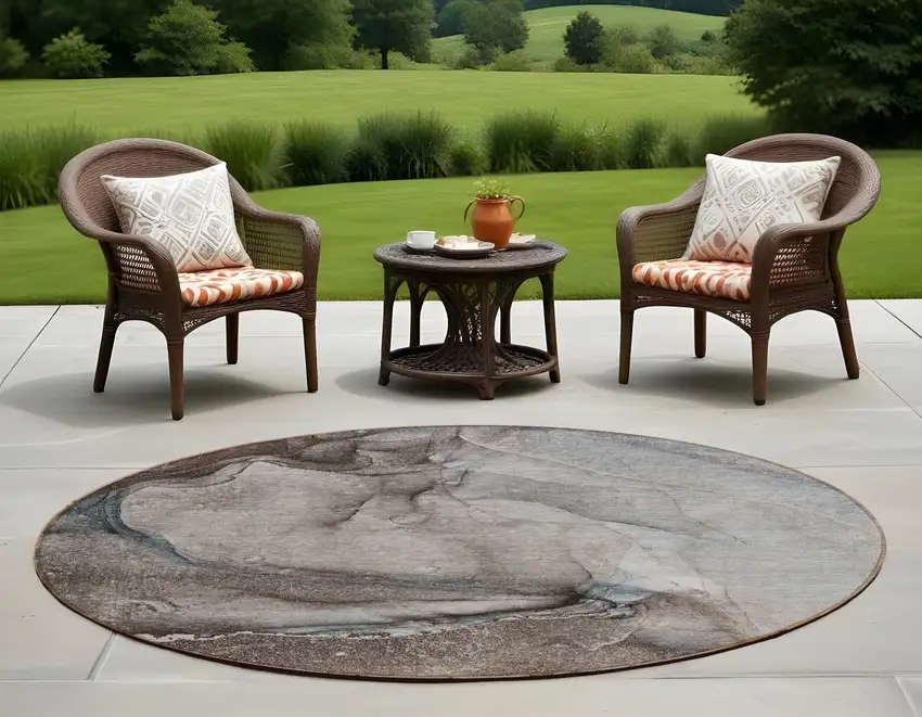 8' Round Taupe Round Abstract Washable Non Skid Indoor Outdoor Area Rug Photo 1