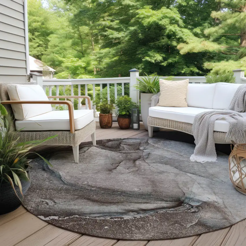 Taupe Round Abstract Washable Non Skid Indoor Outdoor Area Rug Photo 8