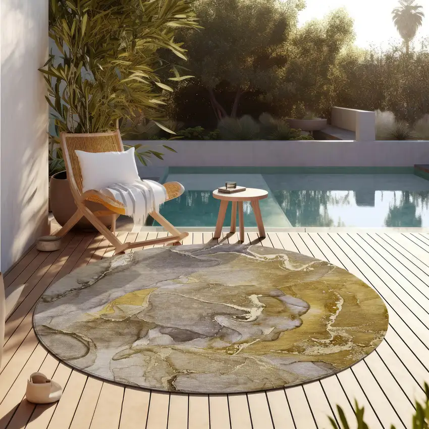 8' Round Taupe Round Abstract Washable Non Skid Indoor Outdoor Area Rug Photo 8