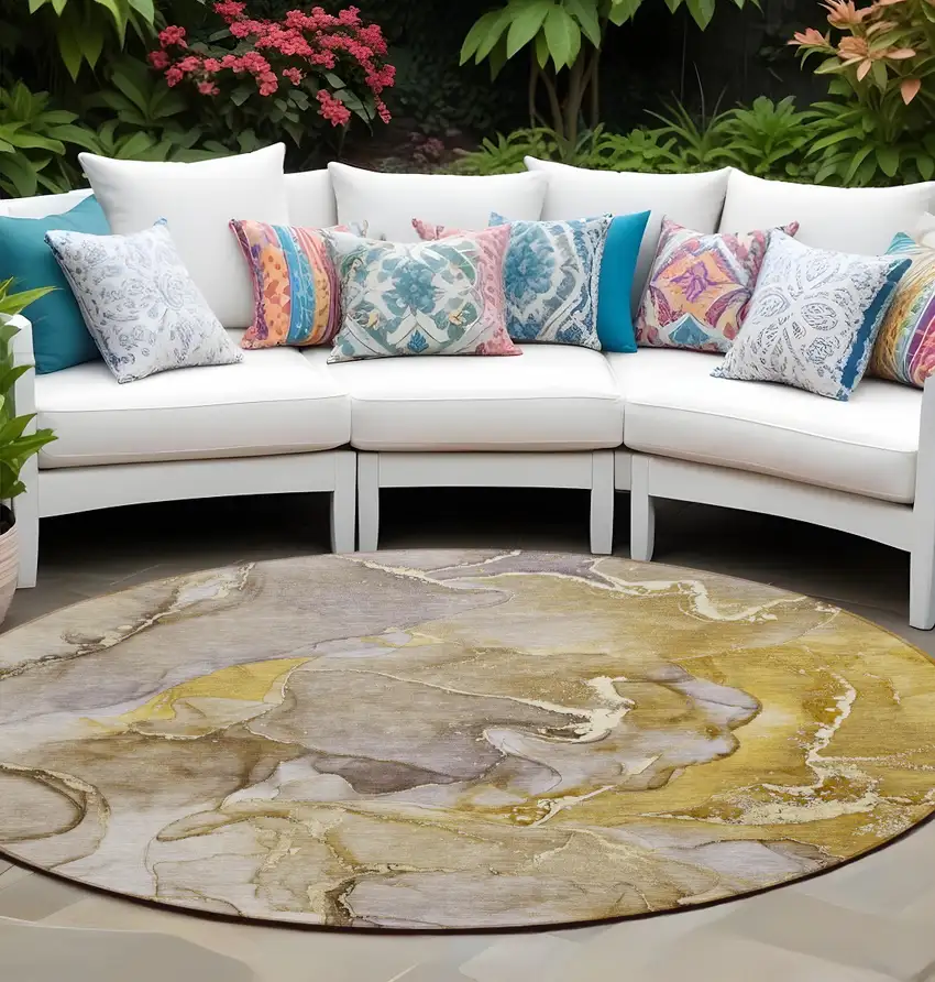 8' Round Taupe Round Abstract Washable Non Skid Indoor Outdoor Area Rug Photo 1