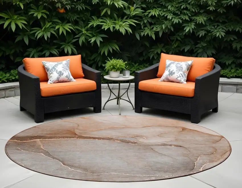 Taupe Round Abstract Washable Non Skid Indoor Outdoor Area Rug Photo 1