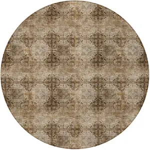 Photo of 8' Round Taupe Round Floral Medallion Washable Non Skid Indoor Outdoor Area Rug