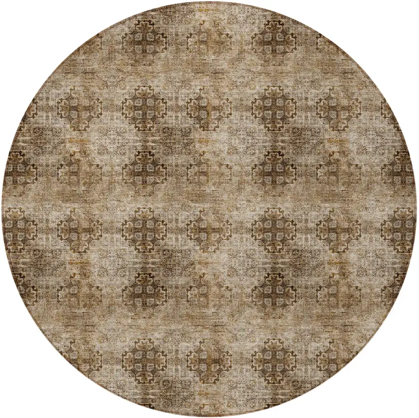 8' Round Taupe Round Floral Medallion Washable Non Skid Indoor Outdoor Area Rug Photo 2
