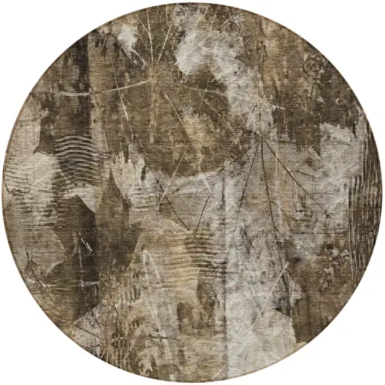 Taupe Round Floral Washable Non Skid Indoor Outdoor Area Rug Photo 6