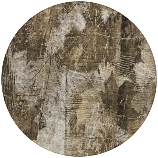 Taupe Round Floral Washable Non Skid Indoor Outdoor Area Rug Photo 5