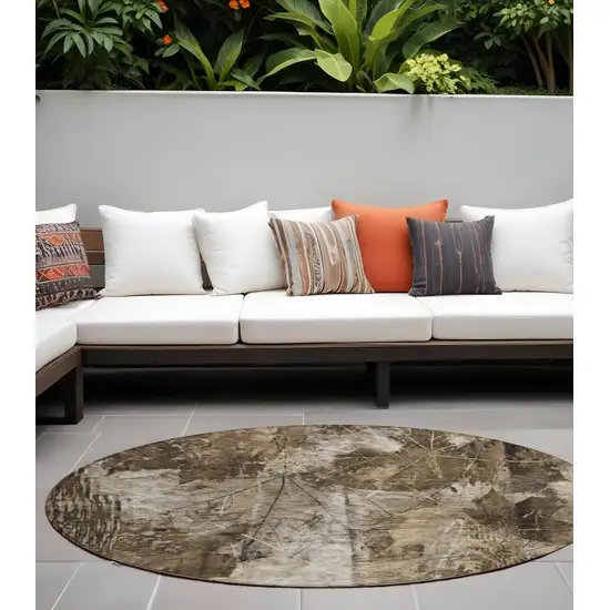 Taupe Round Floral Washable Non Skid Indoor Outdoor Area Rug Photo 1