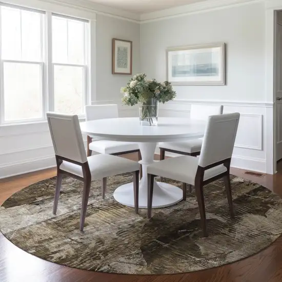 Taupe Round Floral Washable Non Skid Indoor Outdoor Area Rug Photo 8