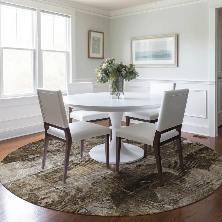 Taupe Round Floral Washable Non Skid Indoor Outdoor Area Rug Photo 8