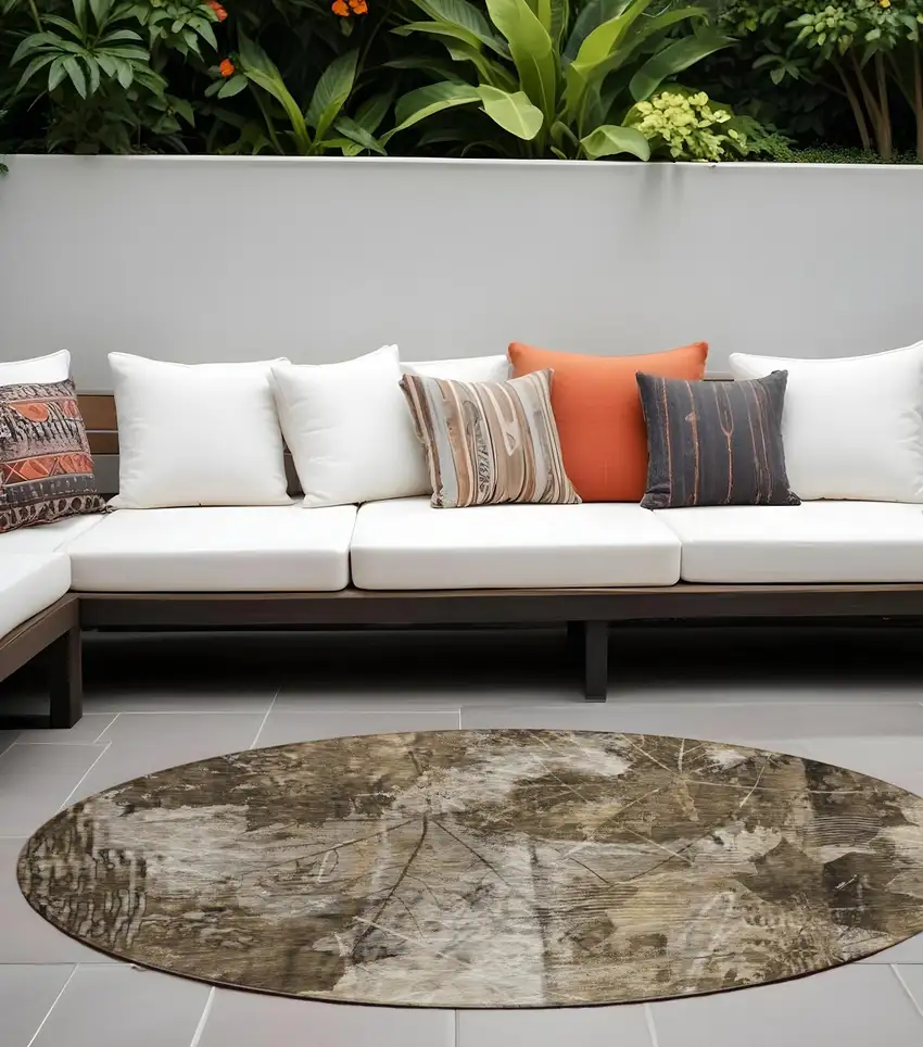 8' Round Taupe Round Floral Washable Non Skid Indoor Outdoor Area Rug Photo 1