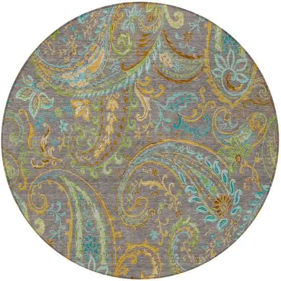 Taupe Round Paisley Washable Non Skid Indoor Outdoor Area Rug Photo 5