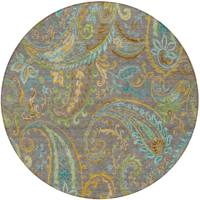 Taupe Round Paisley Washable Non Skid Indoor Outdoor Area Rug Photo 4