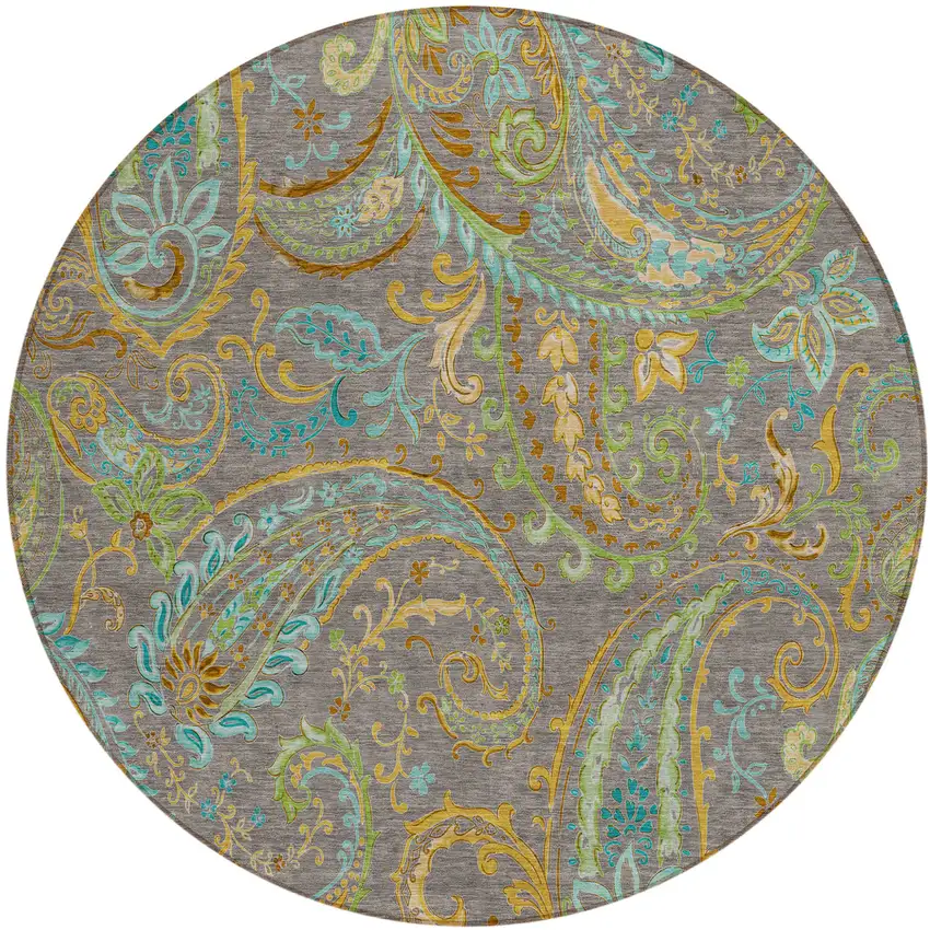 Taupe Round Paisley Washable Non Skid Indoor Outdoor Area Rug Photo 2