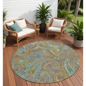 Photo of 8' Round Taupe Round Paisley Washable Non Skid Indoor Outdoor Area Rug