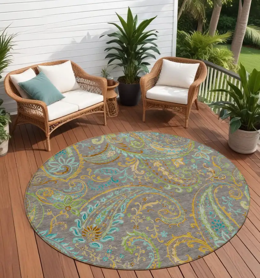 8' Round Taupe Round Paisley Washable Non Skid Indoor Outdoor Area Rug Photo 1