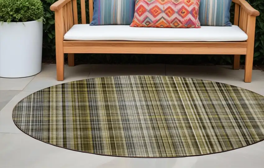 Green Beige and Gray Round Plaid Washable Non Skid Indoor Outdoor Area Rug Photo 1