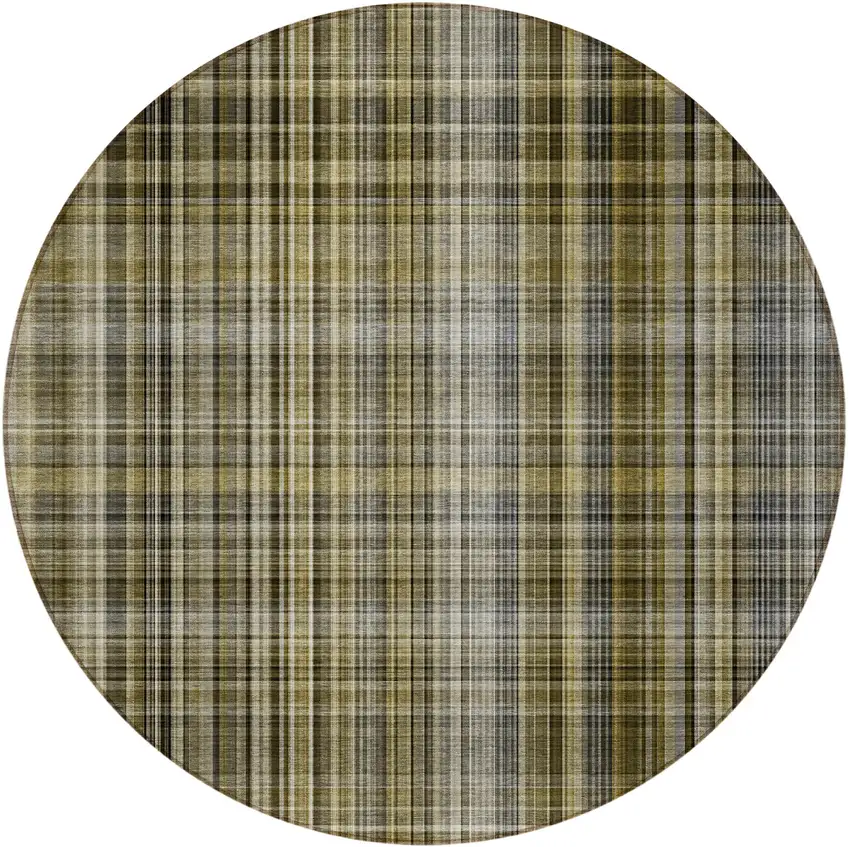 8' Round Taupe Round Plaid Washable Non Skid Indoor Outdoor Area Rug Photo 3