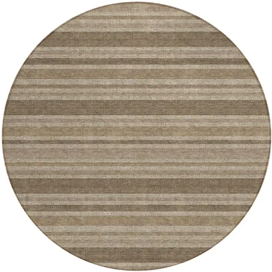 Taupe Round Striped Washable Indoor Outdoor Area Rug Photo 2