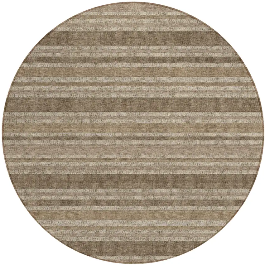 Taupe Round Striped Washable Indoor Outdoor Area Rug Photo 2