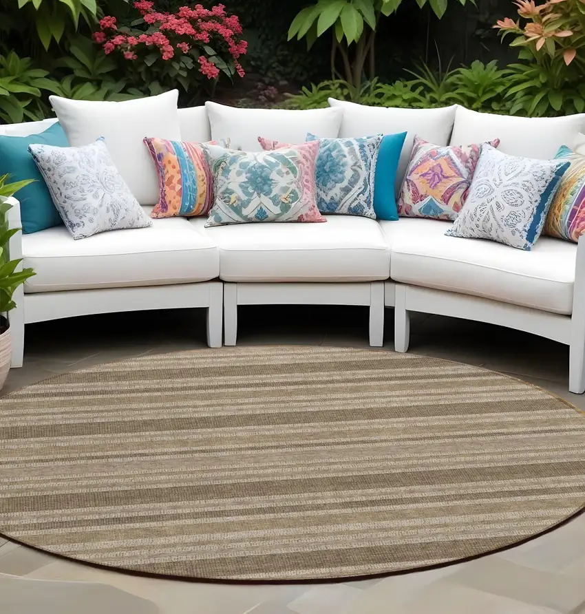 Taupe Round Striped Washable Indoor Outdoor Area Rug Photo 1