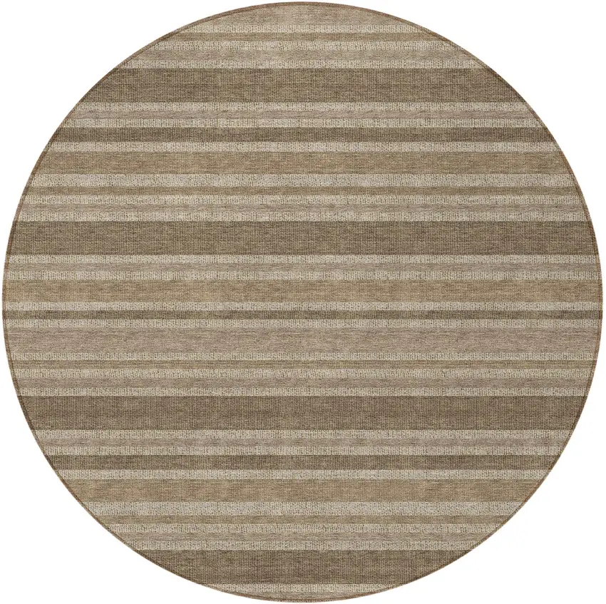 8' Round Taupe Round Striped Washable Non Skid Indoor Outdoor Area Rug Photo 2