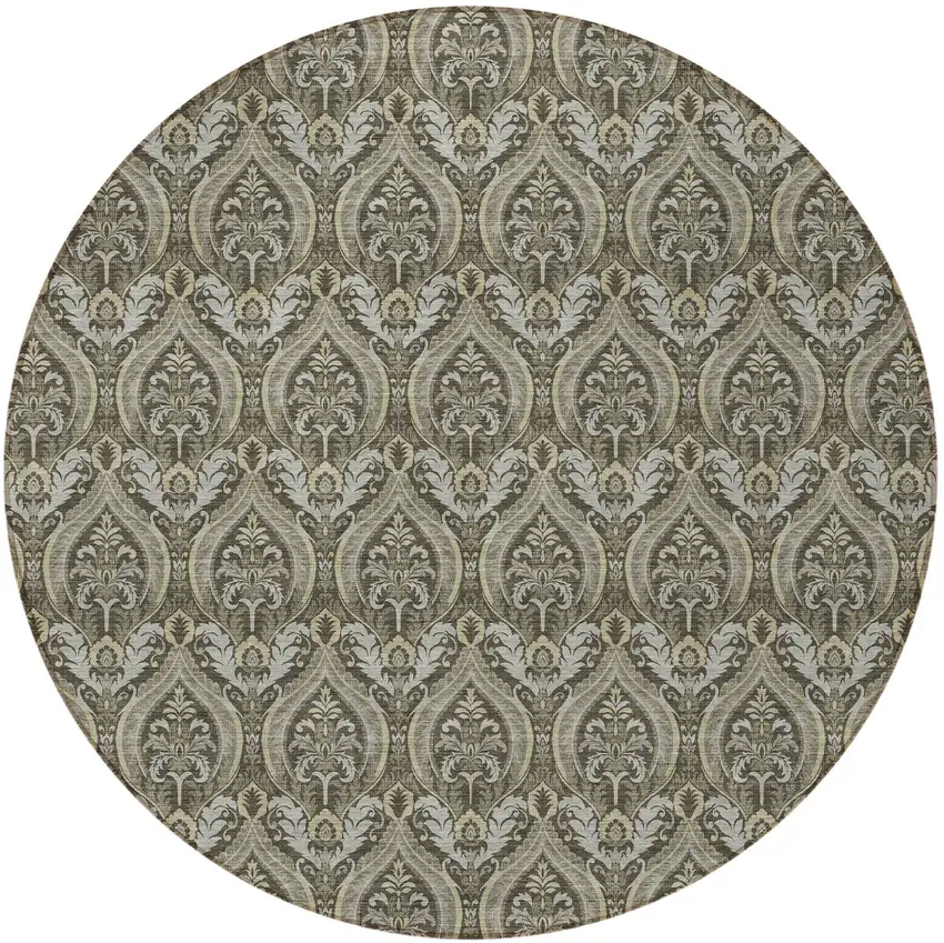 Taupe and Beige Round Damask Washable Non Skid Indoor Outdoor Area Rug Photo 4