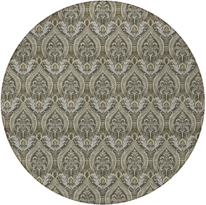 8' Round Taupe and Beige Round Damask Washable Non Skid Indoor Outdoor Area Rug Photo 5