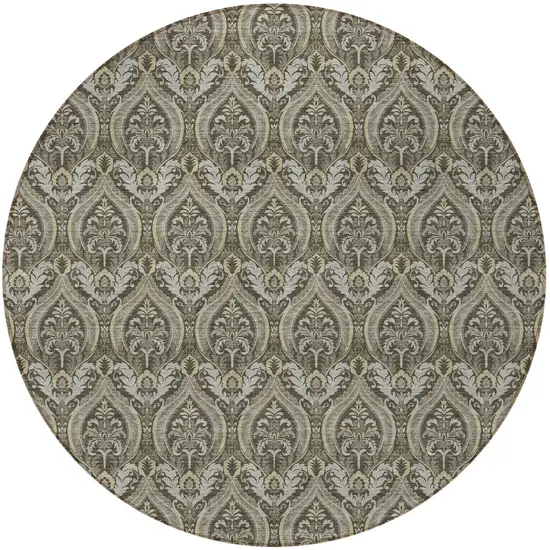 Taupe and Beige Round Damask Washable Non Skid Indoor Outdoor Area Rug Photo 5