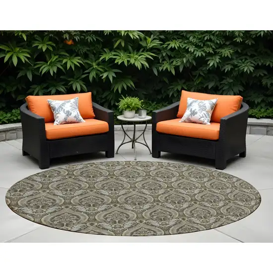 Taupe and Beige Round Damask Washable Non Skid Indoor Outdoor Area Rug Photo 1