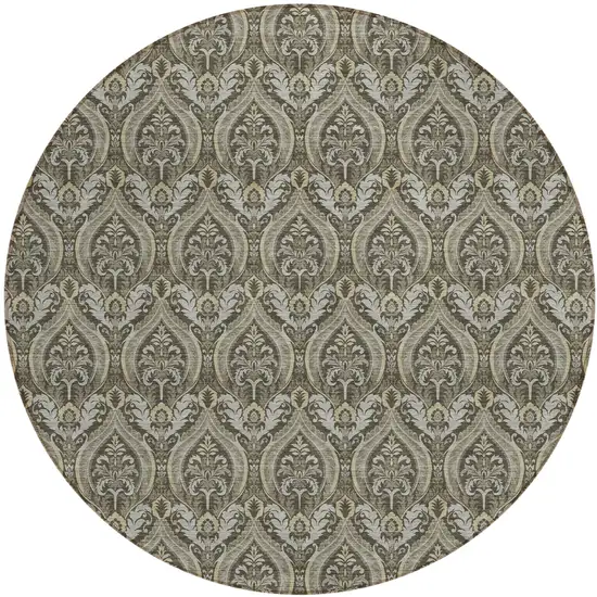 8' Round Taupe and Beige Round Damask Washable Non Skid Indoor Outdoor Area Rug Photo 2