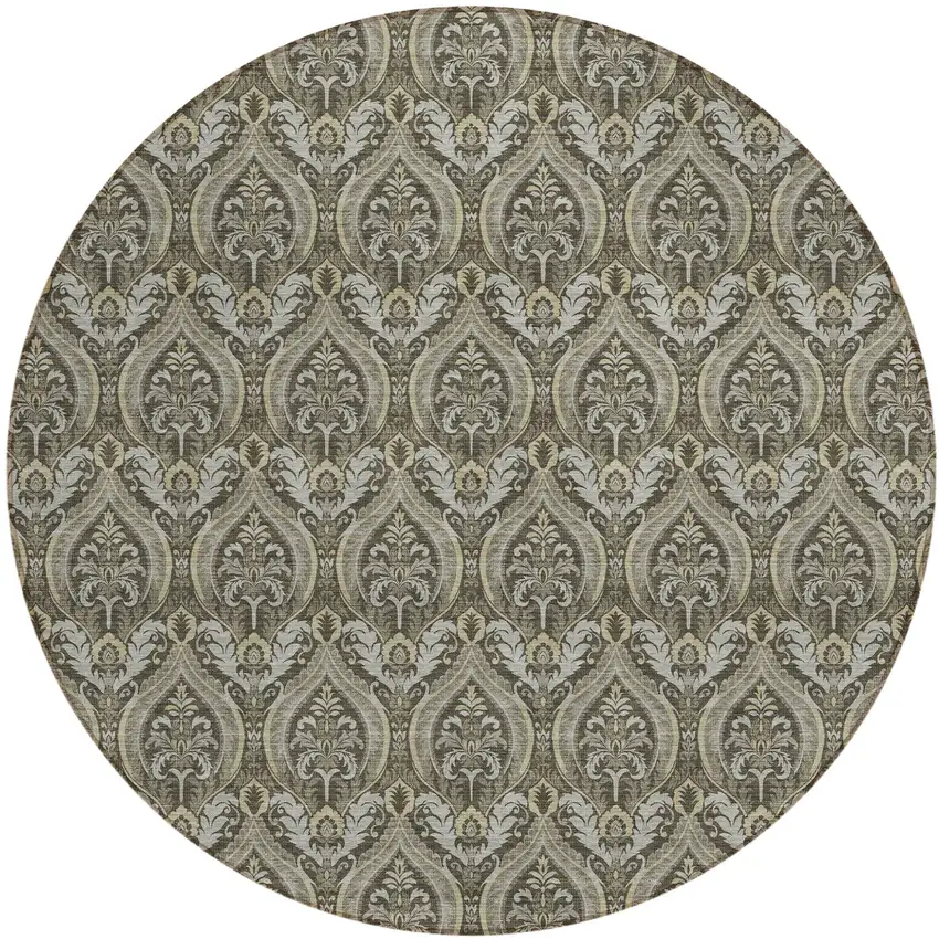 8' Round Taupe and Beige Round Damask Washable Non Skid Indoor Outdoor Area Rug Photo 2