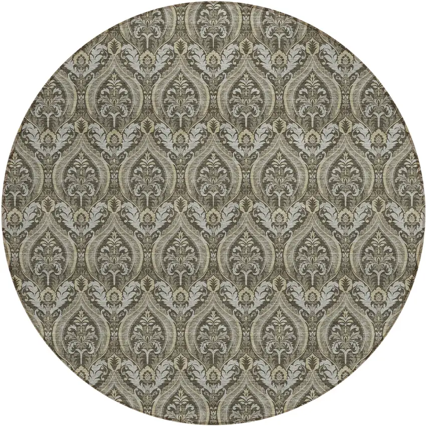 8' Round Taupe and Beige Round Damask Washable Non Skid Indoor Outdoor Area Rug Photo 2