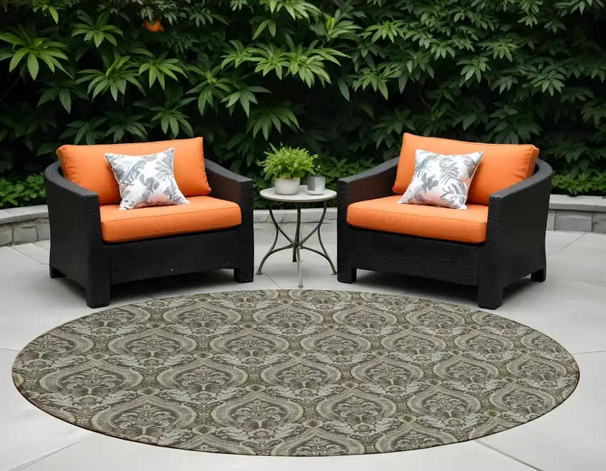 Taupe and Beige Round Damask Washable Non Skid Indoor Outdoor Area Rug Photo 1